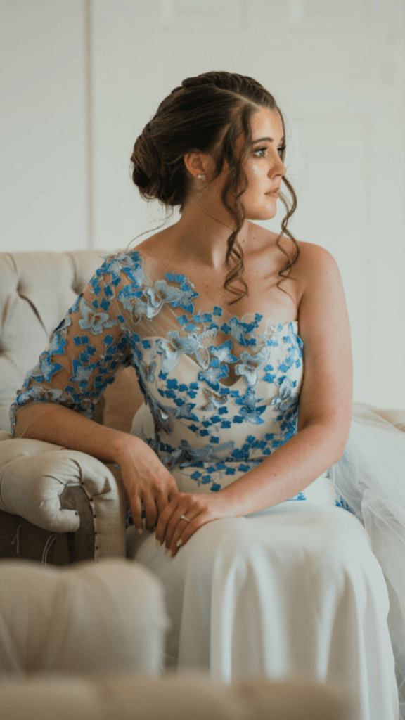 Beautiful Butterfly Detailed Wedding Dress. New Sleeve added with handsewn lace butterfly to compliment the Brides Style